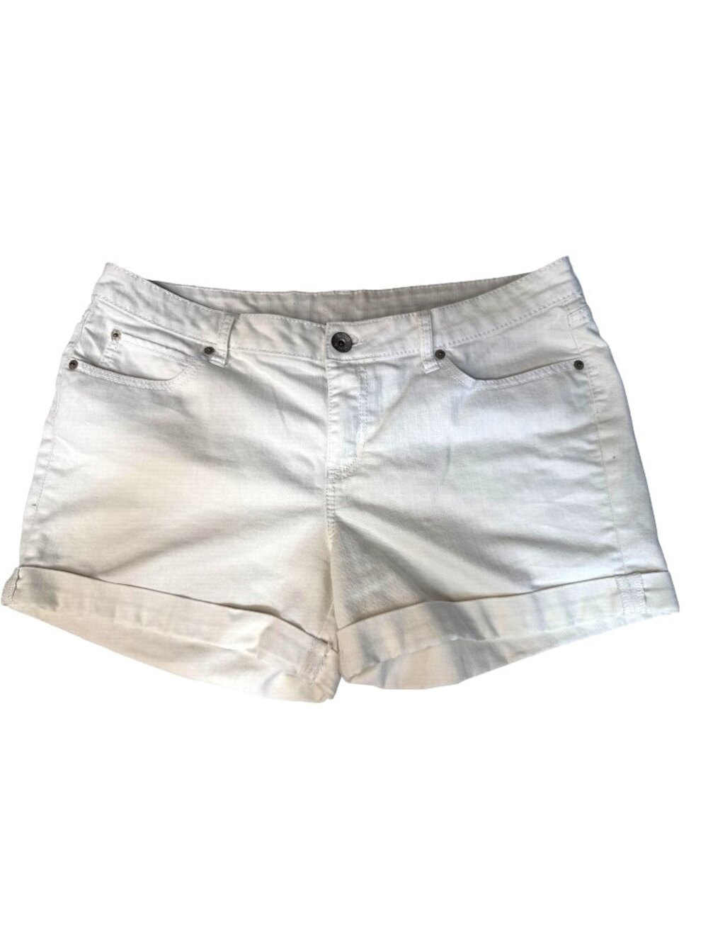 White Denim Cuffed Shorts W/Back Button Pockets & Front Zip Closure Size 33/16